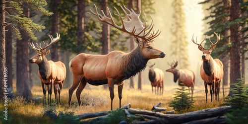 A herd of elk, Cervus canadensis, grazing in a forest clearing, banner, panorama - Generative AI