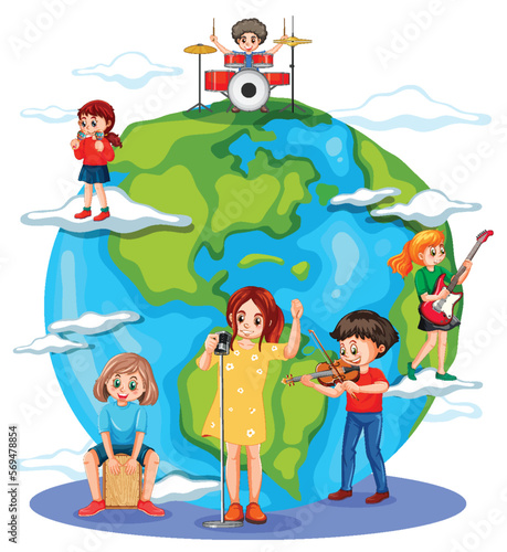 Children playing music on earth globe