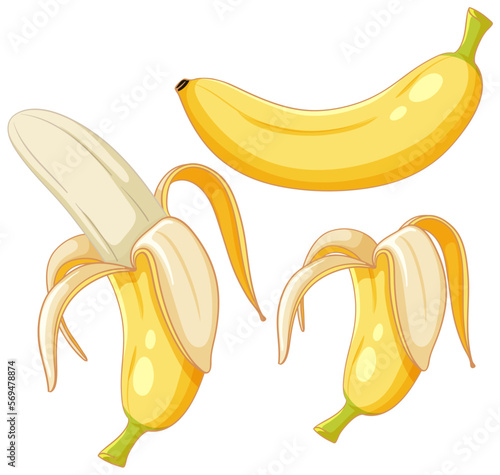 Ripe bananas peeled set