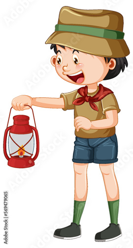 Camping boy holding gas lantern