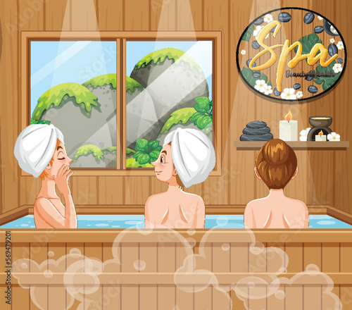 Girls enjoying hot tub spa in steam room