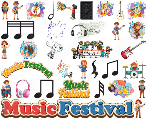 Kids musical instruments and music symbols set