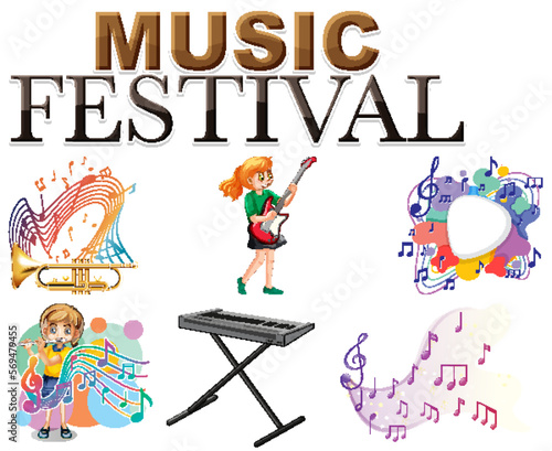 Kids musical instruments and music symbols set