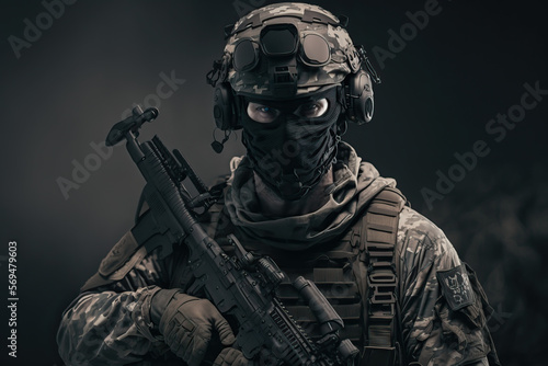  A portrait  of a soldier holding a rifle and wearing a mask