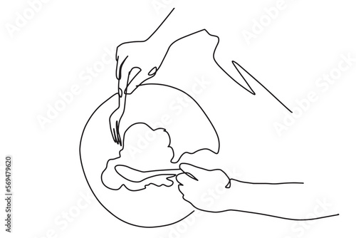 continuous line art or one line drawing of plate, khife and fork. linear style and hand drawn vector illustrations