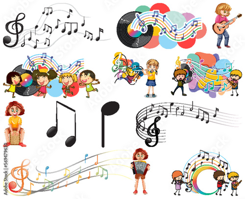 Kids musical instruments and music symbols set