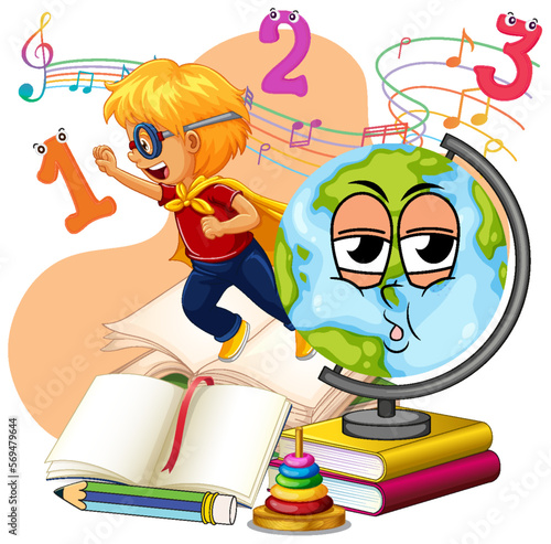 A kids with earth globe on books pile