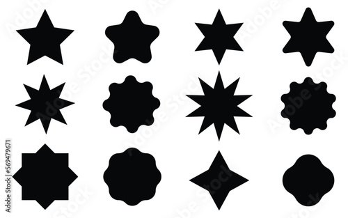Set transparent shapes of star, black color and grunge texture. Sale or discount stickers, icons, badges. Stars with different number of rays, with round and pointed vertices
