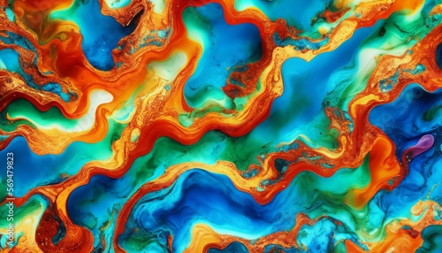 Colorful abstract background of acrylic paint. Blue, orange and yellow marbleized effect Liquid marble pattern.