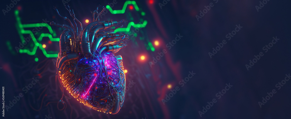 Cyber heart of Artificial Intelligence. Wires and circuit attached. Futuristic synthetic life. Generative AI