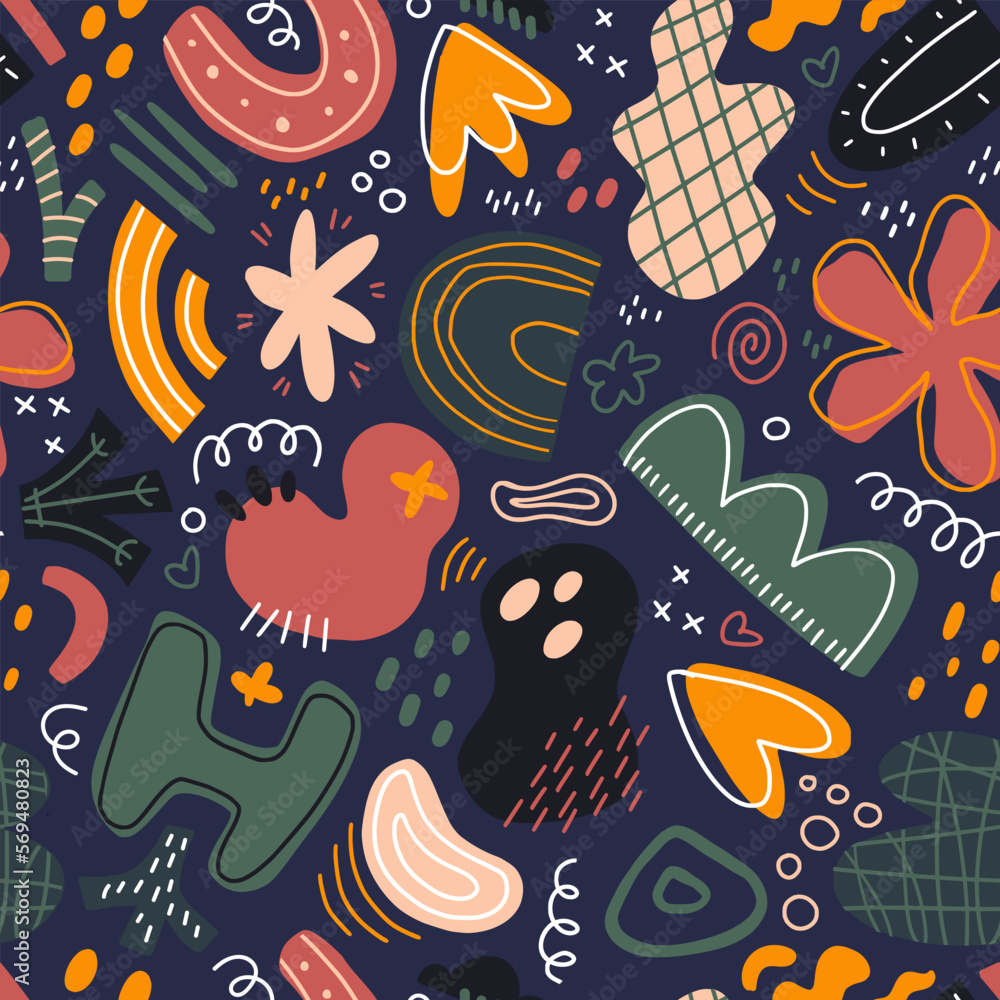 Abstract seamless pattern, cartoon style. Hand drawn irregular shapes with dots, stripes and lines. Doodle figures and sketchy drawings. Fun chaotic multicolored geometric textile design.