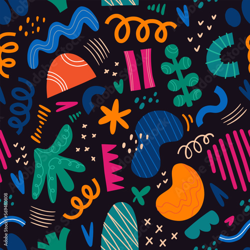 Abstract seamless pattern  cartoon style. Hand drawn irregular shapes with dots  stripes and lines. Doodle figures and sketchy drawings. Fun chaotic multicolored geometric textile design.