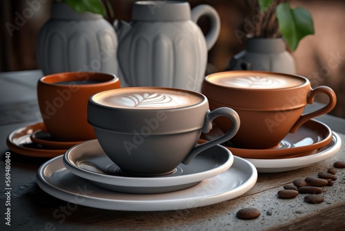 Closeup On a gray table in a cafe or restaurant are small and large colorful clay cups holding lattes  cappuccinos  americanos  espressos  and mochas. aromatic coffee for breakfast in the morning. Con