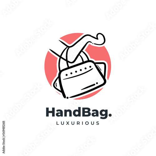 Women hand carrying bag logo hand drawn icon. Luxury girl accessories badge design illustration.