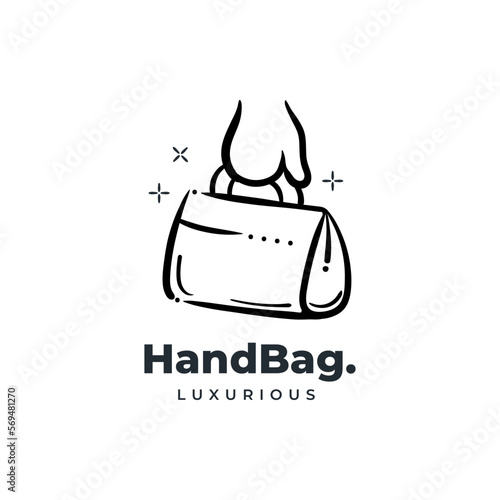 Women hand carrying bag logo hand drawn icon. Luxury girl accessories badge design illustration.