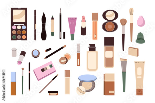 Set of decorative cosmetics for makeup. Modern beauty products. Foundation, eye shadow palette, concealers, lipsticks, mascara, eyeliner. Isolated flat vector illustration