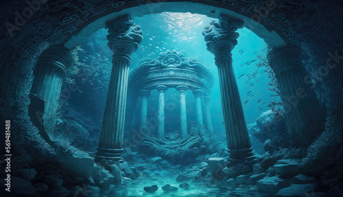 The remnants of Atlantis. Underwater structures. Lost civilization of Atlantis. generative ai photo
