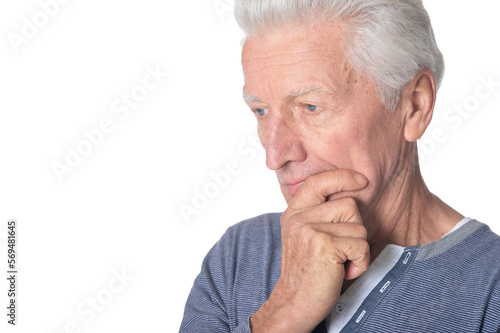 thinking senior man isolated on white background