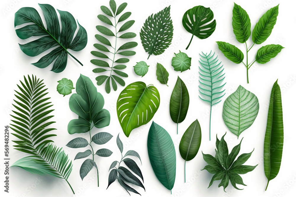 Fototapeta premium Tropical Exotic Luxury leaves isolated on white background. Graphic elements for advertising and creativity.Ai generated