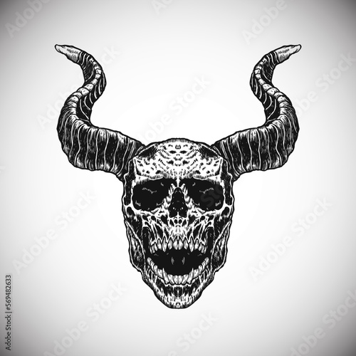 Black Skull Devil Satan Horn Hell King Dark Detailed Vector Realistic Illustration Artwork