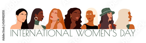 Women of different races and ethnicities stand side by side together. International Women's Day banner. Flat vector illustration isolated on white background