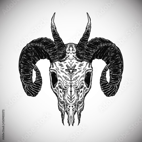 Black Death Goat Skull Horned Horror Satan Dark Artwork Detailed Realistic Vector Illustration