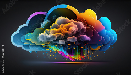 Cloud computing technology concept with synthwave cyberpunk style. Futuristic illustration. AI generative photo