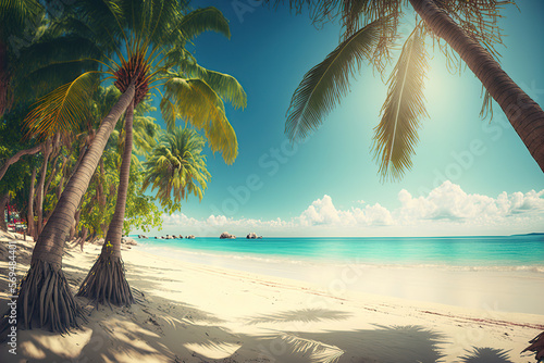 Beautiful tropical beach with palm trees. Generative AI illustration.