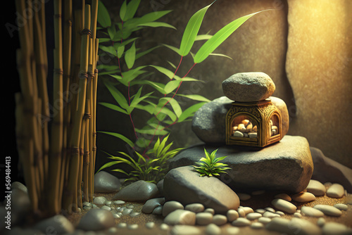 Bamboo and stones in a wellness spa. Generative AI illustration.