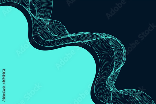 Abstract tirquiose waves wit contour dynamic dotted lines on black background design