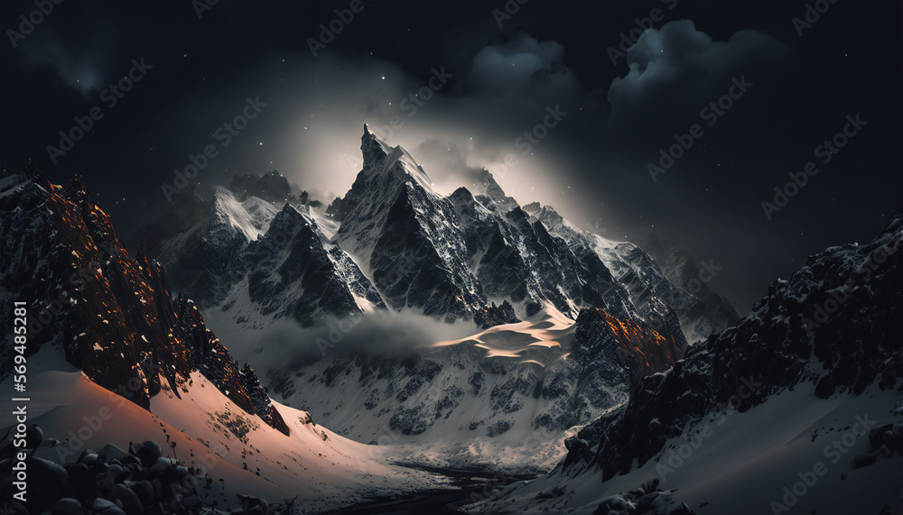 snowy mountains with clouds in dark evening made with generative AI
