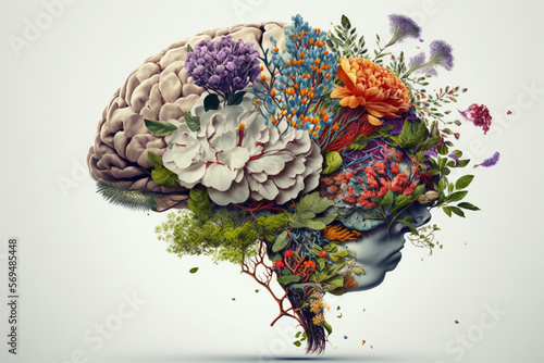Human brain with spring flowers, symbolising mental health and self care concept, positive thinking, creative mind, positive ideas. Ai generated