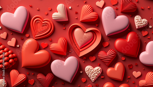 A greeting composition in flat lay style featuring a group of red hearts is set against the Valentine's Day background.