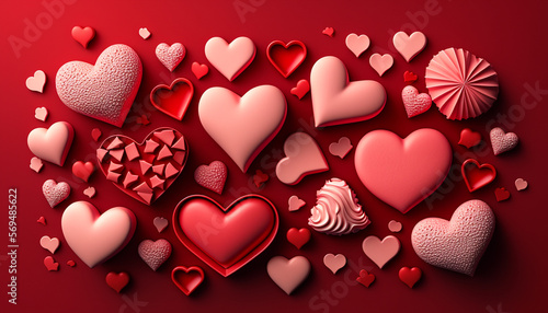 A Valentine's Day background provides the setting for a flat lay style greeting composition showcasing a collection of red hearts.