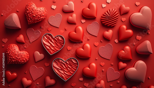 A flat lay style greeting composition displaying an assortment of red hearts is set against the backdrop of Valentine's Day.