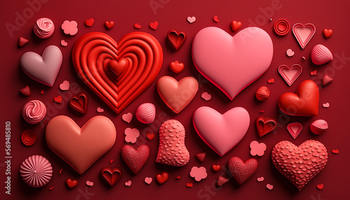 A Valentine's Day background provides the backdrop for a greeting composition styled in a flat lay format and featuring a group of red hearts.