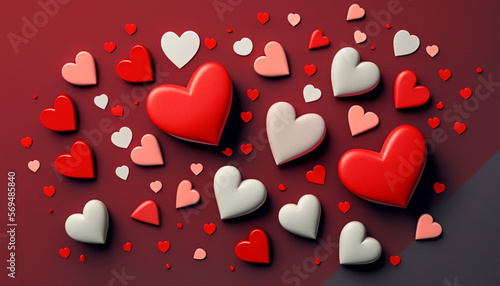 A flat lay style greeting composition showcasing an assortment of red hearts is presented on a Valentine's Day background.
