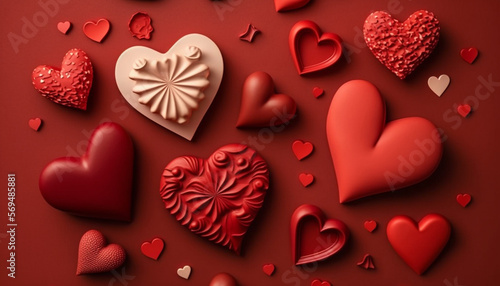 A greeting composition in flat lay style featuring a collection of red hearts is displayed against the backdrop of Valentine's Day.