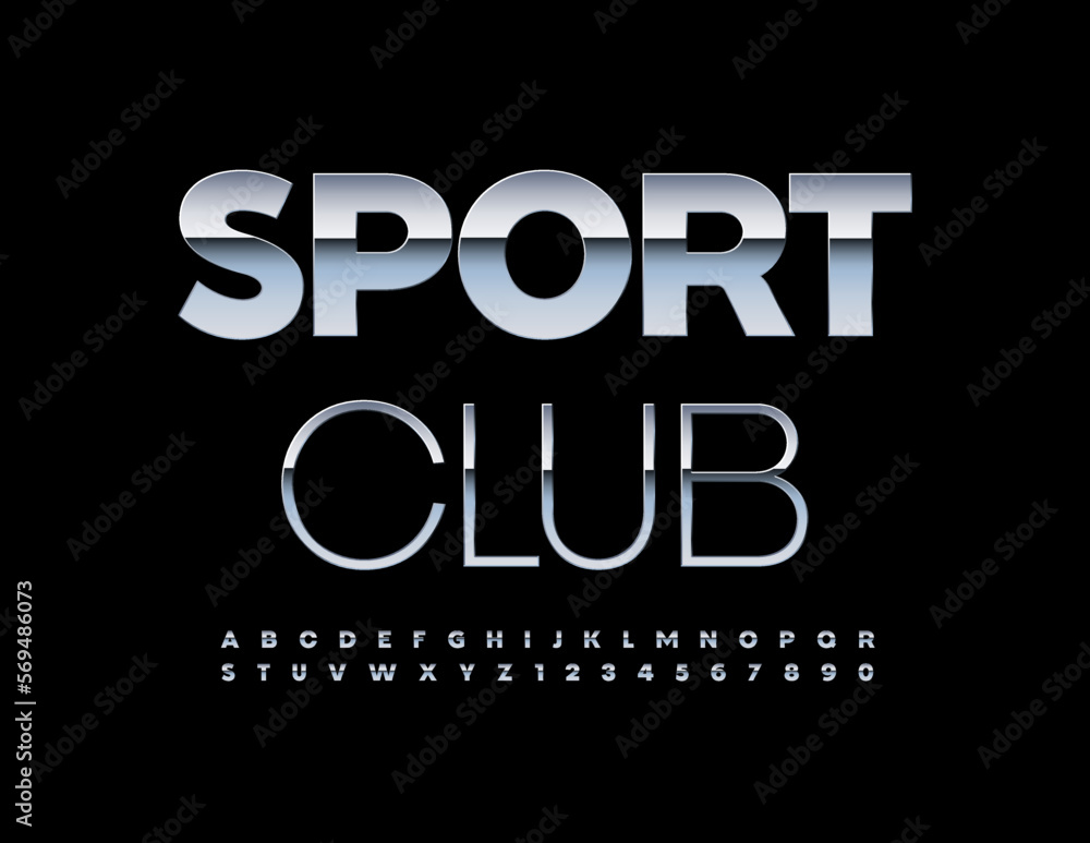 Vector artistic Emblem Sport Club. Trendy Silver Font. Steel Alphabet Letters and Numbers set