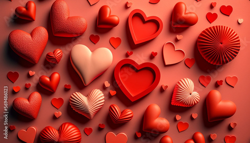 A Valentine's Day background provides the backdrop for a greeting composition arranged in flat lay style and featuring an array of red hearts.