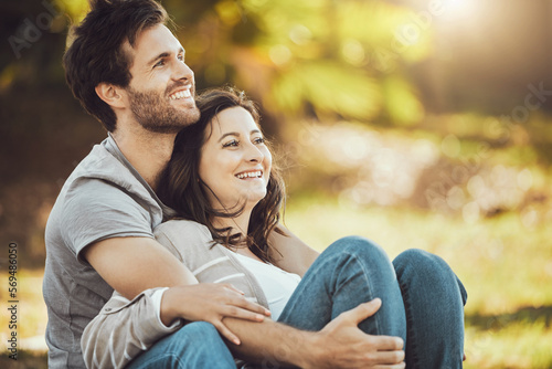 Canvastavla Couple, love and relax at park, laughing at funny joke or comic comedy and having fun time together outdoors