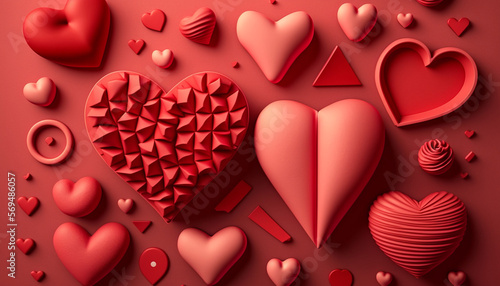 A Valentine's Day background provides the backdrop for a greeting composition arranged in flat lay style and featuring an array of red hearts.