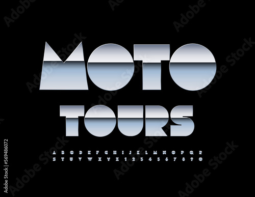 Vector Silver Emblem Moto Tours. Trendy metallic Font. Chrome Alphabet Letters and Numbers set