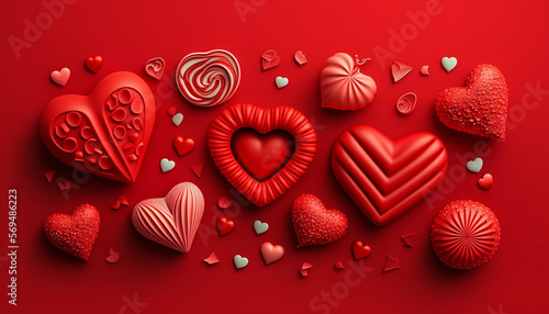 A flat lay style greeting composition showcasing a collection of red hearts is presented against the backdrop of Valentine's Day.
