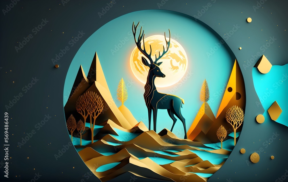 3d modern art mural wallpaper with light background. golden deer, black Christmas tree