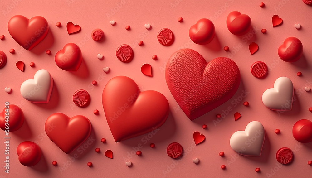 A greeting composition arranged in a flat lay style and showcasing a group of red hearts is set against the backdrop of Valentine's Day.
