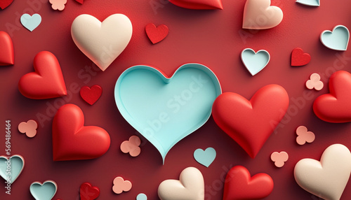 A flat lay style greeting composition, displaying a collection of red hearts, is presented against the backdrop of Valentine's Day.
