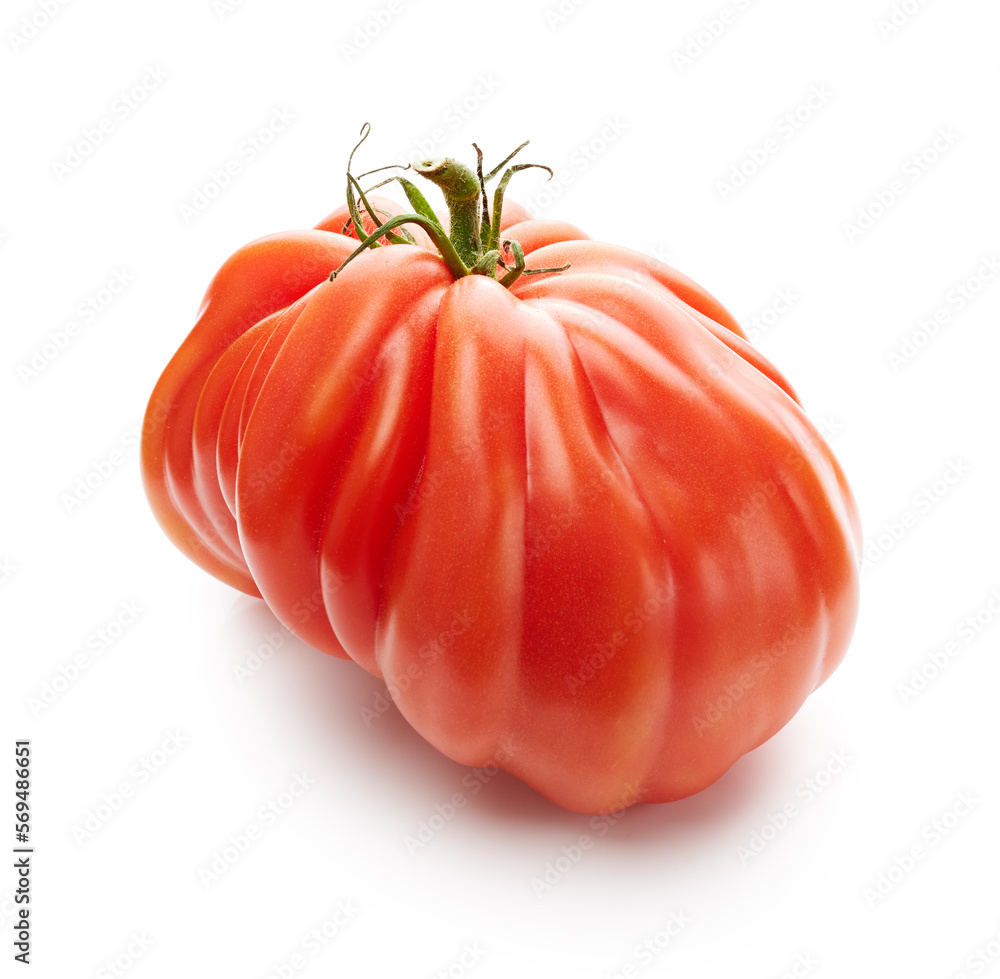 Fresh ripe vegetable tomato with drops of water close up isolated on white background Fresh ripe vegetable tomato with drops of water close up isolated on white background
