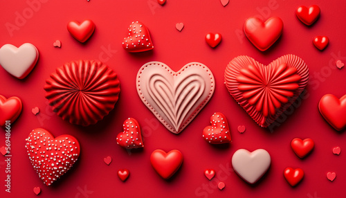 A Valentine's Day background serves as the setting for a flat lay style greeting composition showcasing a cluster of red hearts.