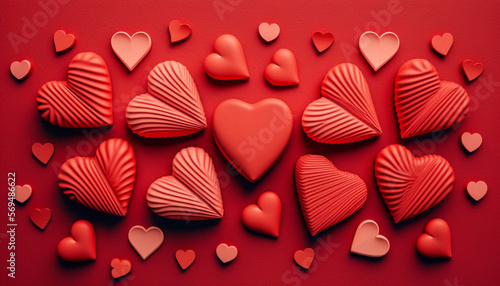 A flat lay style greeting composition featuring a group of red hearts is displayed against the backdrop of Valentine's Day.